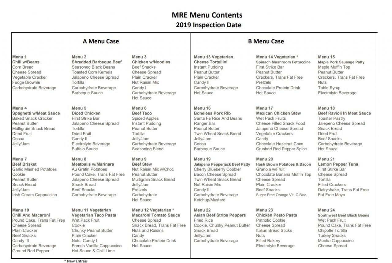 MRE Menus Western Frontier